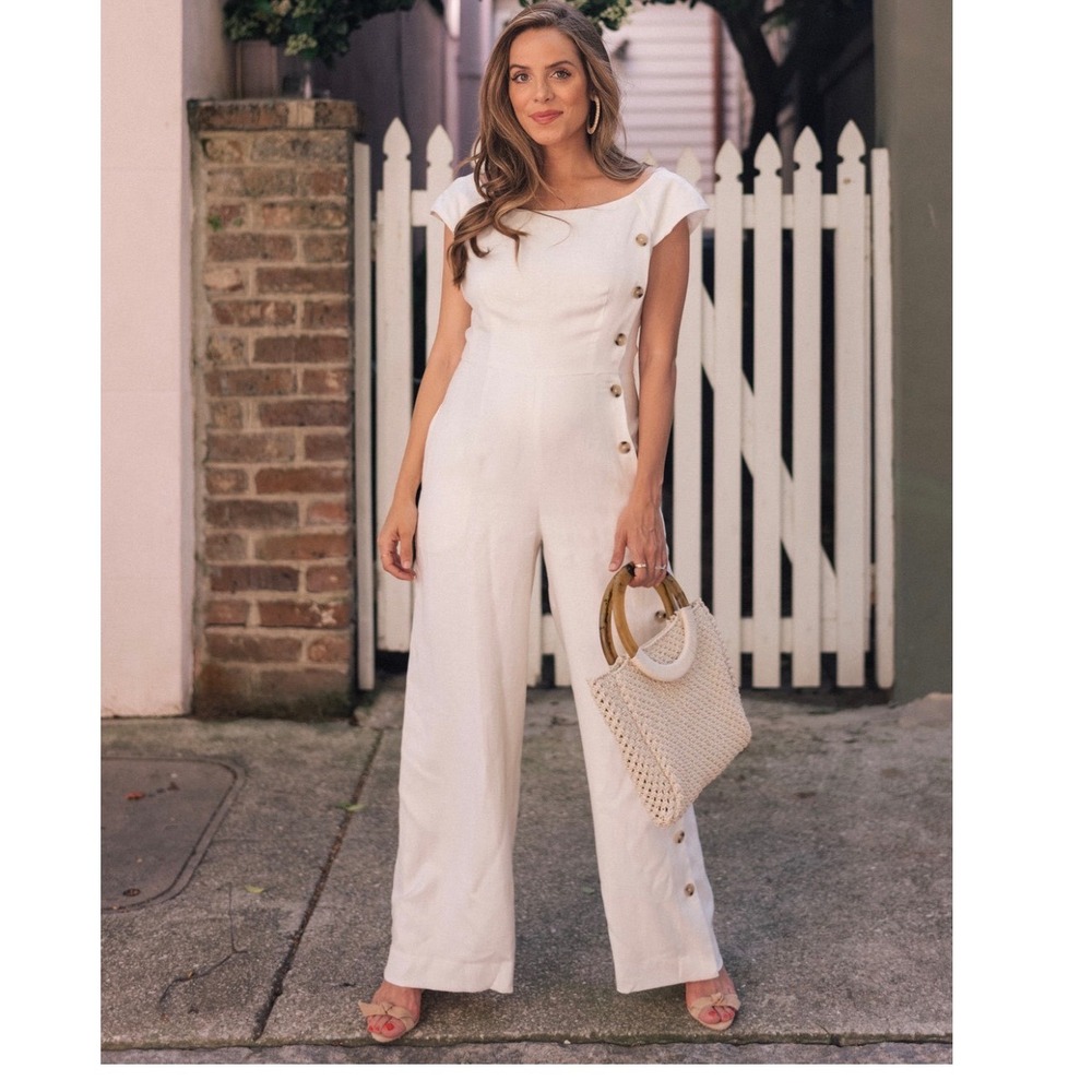 Gal Meets Glam Collection Cream White Linen Blend Side Button Jumpsuit Sz 2